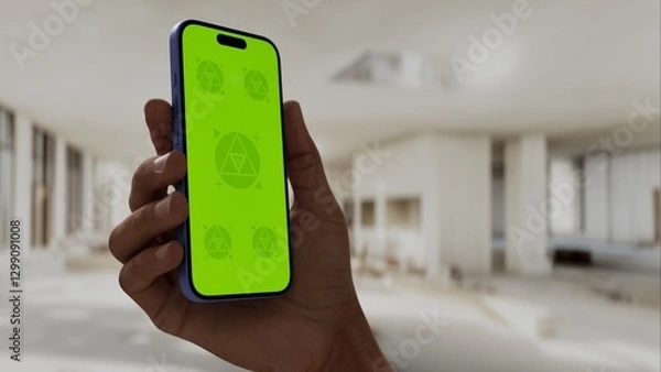 Obraz GREEN SCREEN CHROMA KEY A hand holding a smartphone with a green screen inside a renovated apartment