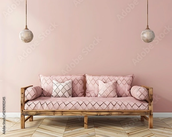 Fototapeta Pastel pink walls and wooden furniture in a minimalist living room with a geometric patterned sofa. Warm and inviting.
