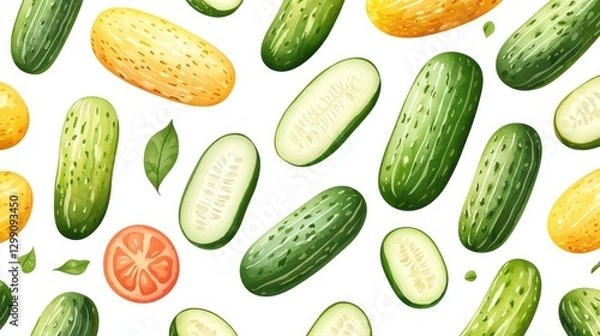Fototapeta Colorful Watercolor Cucumbers in Fresh and Chaotic Arrangement