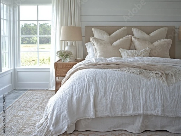 Obraz Modern Farmhouse Bedroom with Creamy, Neutral Textures