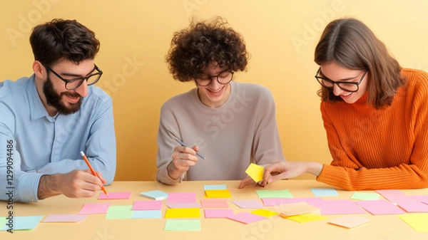 Obraz Creative team brainstorming with colorful sticky notes on table. Engaged individuals collaborate, sharing ideas and writing on notes, fostering innovation and teamwork