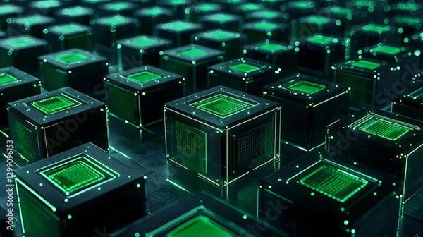 Fototapeta Abstract Technological Grid of Illuminated Green Cubes in Dark Environment