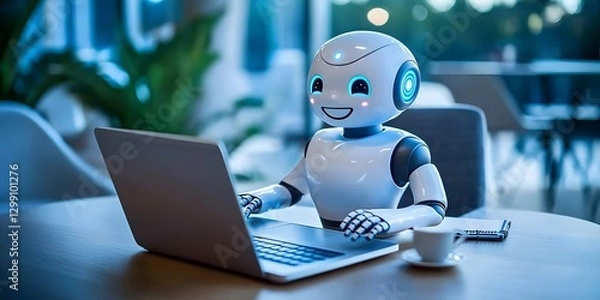 Fototapeta Cheerful robot using laptop in modern office digital art bright environment creative perspective