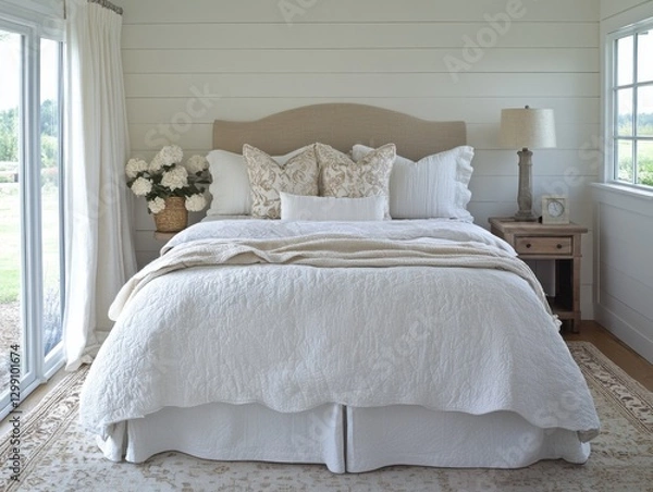 Obraz Modern Farmhouse Bedroom with Layered, Neutral Textures
