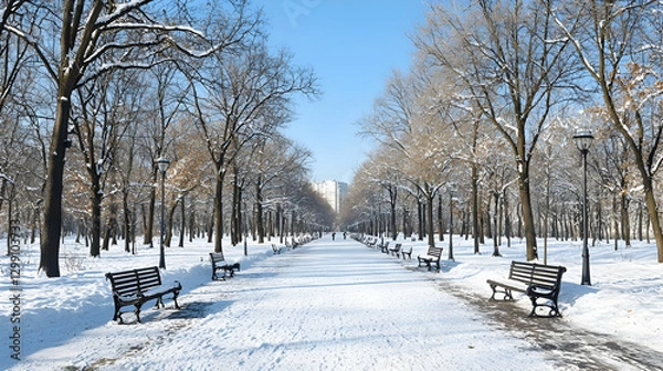 Fototapeta Snow Covered Park Path Lined With Bare Trees and Snow Covered Benches Under Blue Sky