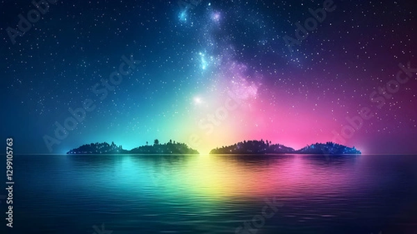 Obraz Dreamlike Colorful Island Landscape with Glowing Sky and Reflections over Calm Water