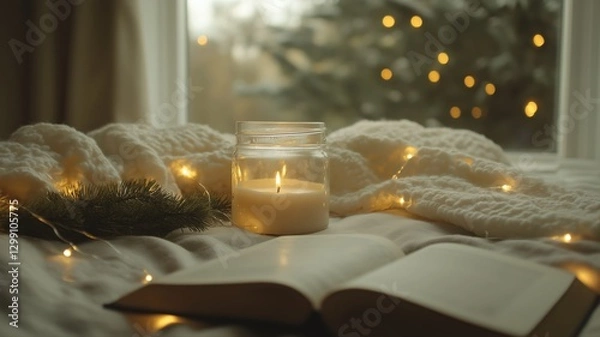 Obraz open book with candle and cloth on a table near a window