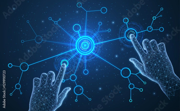 Fototapeta Hands on the blue digital background. Technology digital, future information.