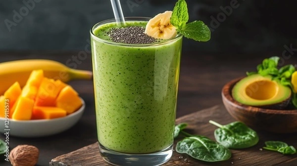 Fototapeta Photograph of aPhotograph of a vibrant green detox smoothie in a tall glass, made with spinach, avocado, banana, and almo smoothie in a tall glass, made with spinach, avocado, banana, and almond milk.