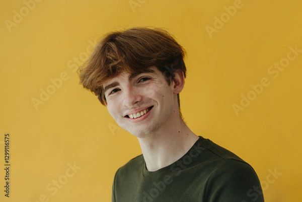 Fototapeta Smiling Young Man in Green Shirt Against a Yellow Background by Studio