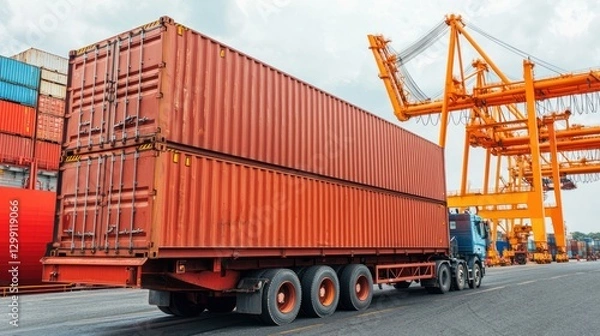 Fototapeta Export cargo loading onto freight ship at port industrial scene action-packed transportation environment