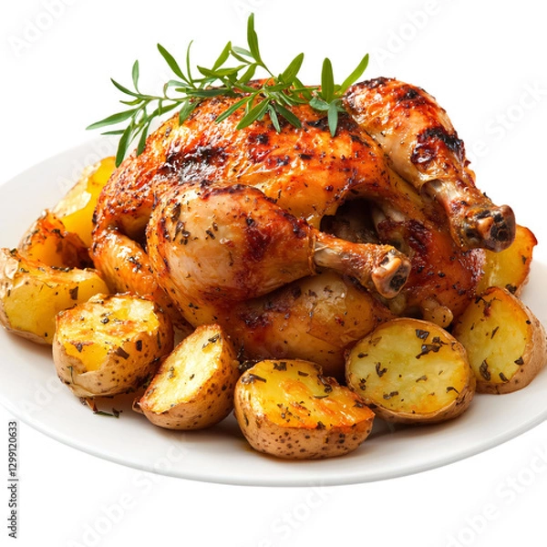 Fototapeta Roasted chicken with potatoes isolated on transparent background