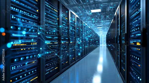 Fototapeta Data Center Server Racks In Blue Light And Modern Technology Environment