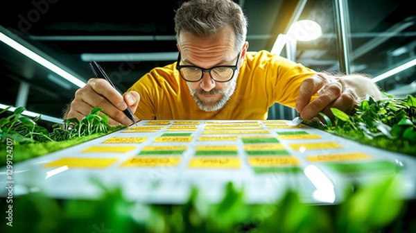 Fototapeta Agricultural Scientist Examining Seedlings in Modern Vertical Farming Laboratory