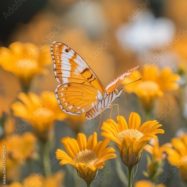 Fototapeta A delicate butterfly rests on bright yellow flowers, symbolizing beauty and the joy of nature's bloom.