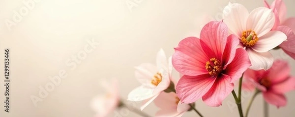 Obraz Soft focus abstract flowers in shades of red and white blend seamlessly into a creamy white background, delicate, soft focus, hazy