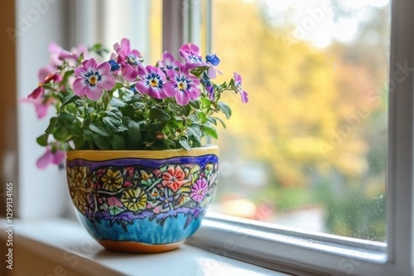 Fototapeta Floral display: Vibrant pink and blue flowers in an ornate pot, set against a bright window. Adds a touch of nature to indoor spaces.