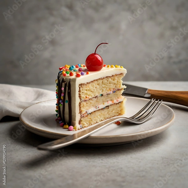 Obraz Festive Funfetti Cake with Vibrant Sprinkles and Fluffy Vanilla Cream Frosting