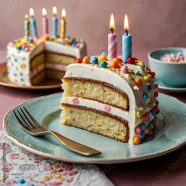 Obraz Festive Funfetti Cake with Vibrant Sprinkles and Fluffy Vanilla Cream Frosting