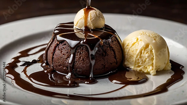 Obraz A chocolate cake with ice cream and raspberries on it