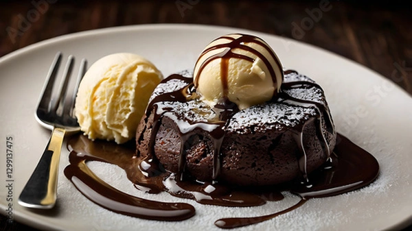 Obraz A chocolate cake with ice cream and raspberries on it