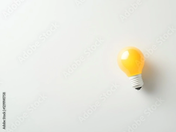 Fototapeta White background, light bulb on the right side of the image, top-down view, yellow glow inside the bulb, minimalist style, high-resolution photography, stock photo, professional color grading