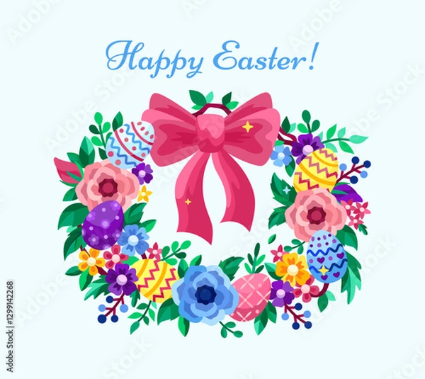 Obraz Easter wreath with flowers, eggs, branches and leaves. Vector flat illustration
