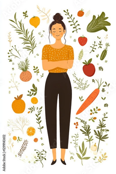 Fototapeta A woman standing in front of a circle of fruits and vegetables