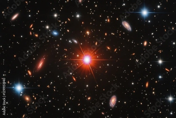 Fototapeta red giant star surrounded by a backdrop of distant nebulae and galaxies