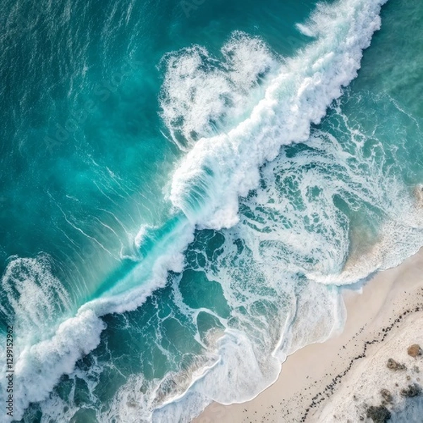 Fototapeta Aerial View of Ocean Wave Crashing on Beach, Top-Down Composition, Turquoise Water, White Foam, Nature Photography, Beach Scene. Ocean,Waves
