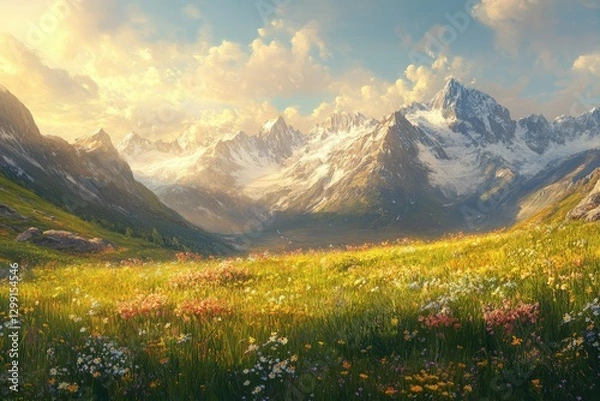 Obraz Sunlit alpine meadow blossoms vibrantly against a majestic, snow-capped mountain range.