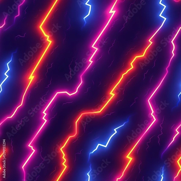Fototapeta Seamless Pattern - Neon lightning bolts in electric hues against a dark, textured backdrop.