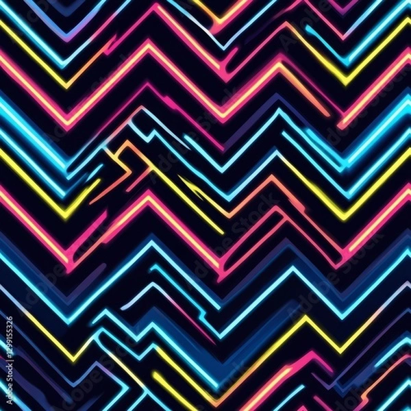 Obraz Seamless Pattern - Vibrant abstract zig-zag pattern with neon-like colors on a dark background.