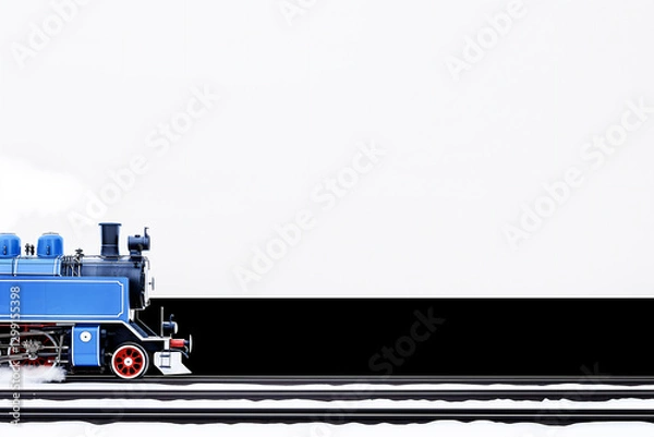 Obraz A classic blue steam locomotive captured in motion on a track, featuring a vintage design with red wheels and black detailing, set against a contrasting dark background. Copy Space 