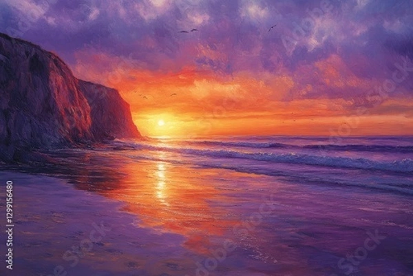 Fototapeta Vibrant sunset paints the sky with fiery oranges and purples over a tranquil ocean beach.