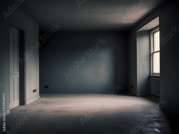Fototapeta A spacious room inside a grey empty house features soft natural light streaming through a window. The bare walls and floor create an inviting atmosphere with minimal distractions