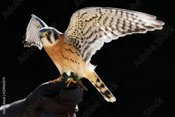 Fototapeta American Kestrel (Falco sparverius) Raises WIngs While Perched on Fist of Handler