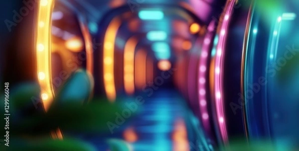 Obraz Blurred image of luxurious interior in deep blue, purple, green, yellow tones, creating a rich and elegant atmosphere. Bokeh interior background cabaret, burlesque, theater, nightclub or casino.