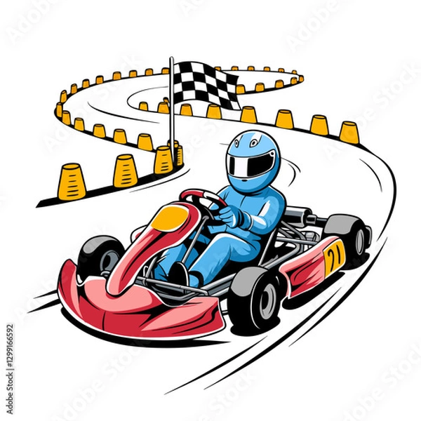 Fototapeta Go Kart Racer in Blue Suit on Curved Track with Checkered Flag Vector Illustration