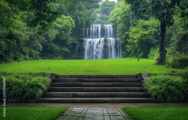 Fototapeta Beautiful green grass lawn with stairs leading to the waterfall in nature, a very beautiful scenery of Kibale National Park. In the late summer season, it is lush and vibrant with tall trees and dense