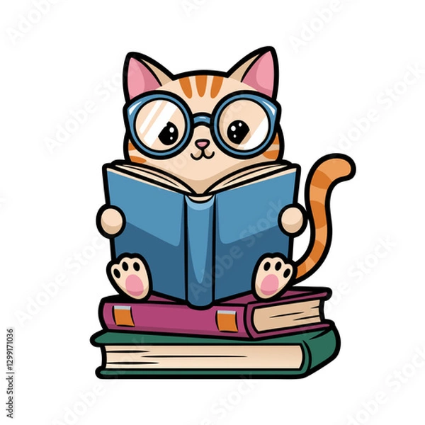 Fototapeta Cute Cartoon Cat with Glasses Reading Books Vector Illustration