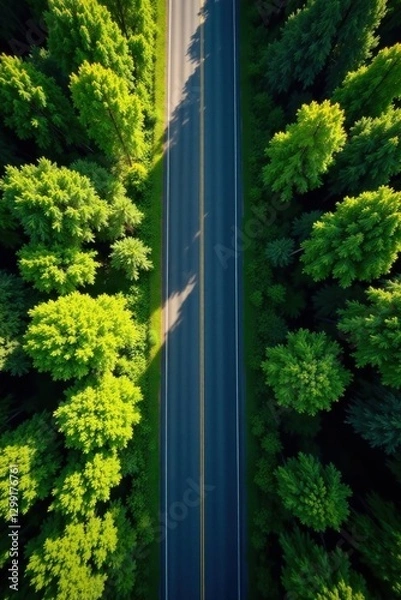 Obraz Overhead View of a Two-Lane Asphalt Road Cutting Through a Lush Green Forest Canopy