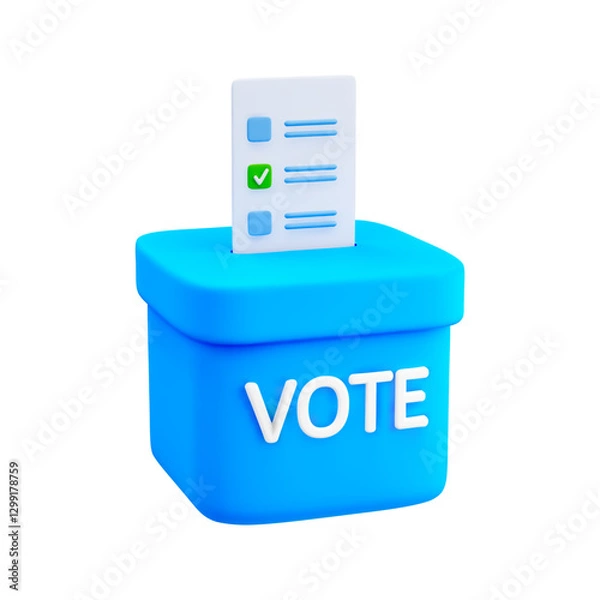 Obraz 3d bright blue ballot box and inserted it voting paper with green check mark isolated on white background. Design element for political campaigns, election promotions. 3d render vector illustration.