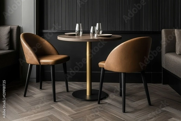 Fototapeta A handcrafted wooden dining table with golden leg accents, surrounded by plush earth-toned seating