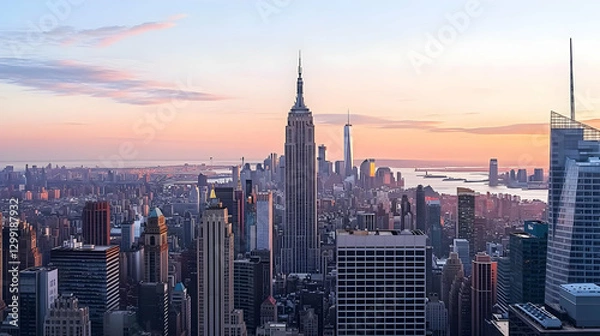 Fototapeta Dramatic Skyline View Of New York City Buildings At Sunset With Golden Hour Illumination