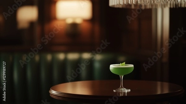 Fototapeta Elegant green cocktail on wood table in moody bar setting