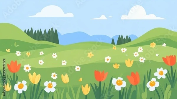 Obraz Springtime Meadow with Vibrant Flowers and Rolling Hills