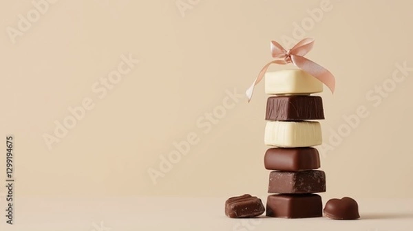 Fototapeta Assorted chocolate truffle stack with pink ribbon on minimalistic background for confectionery display