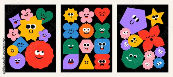 Fototapeta Backgrounds with cute geometric figures with faces. Isolated cartoon heads with eyes and emotions. Group of geometric characters. Funny drawings with childish style. Flat vector illustrations.