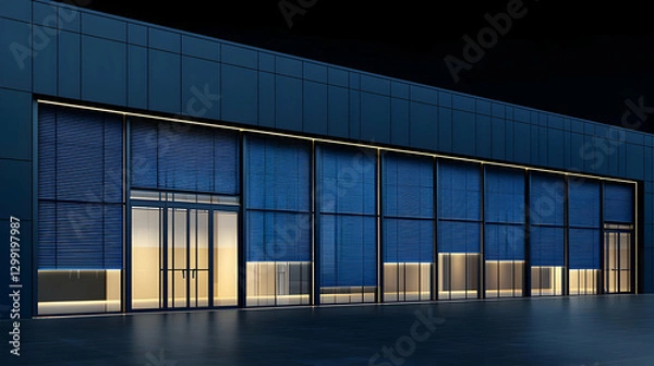 Obraz Modern Blue Lit Building Facade with Glass Entrance and Geometric Design at Night